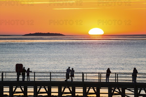 Silhouettes of several people on the pier free canal, jetty, couples and individuals watch the
