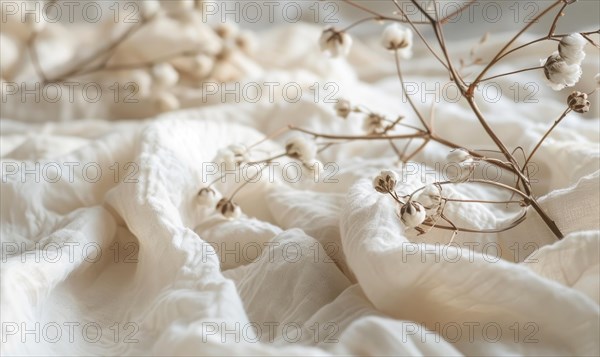 Cotton branch and soft cotton fabric in a soothing neutral tone AI generated