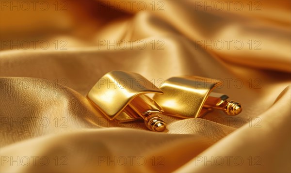 A pair of gold cufflinks arranged on a smooth satin material background AI generated