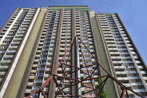 Residential tower block KoelnBerg, a social hotspot in the Meschenich district of Cologne, North