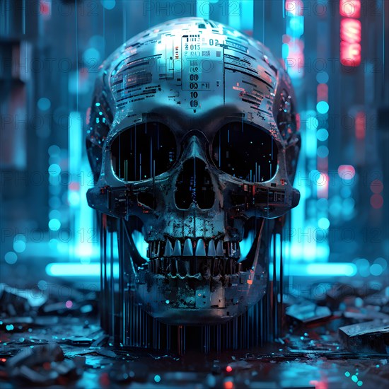 Broken skull with a cascade of binary digits forming a tidal wave stream, AI generated