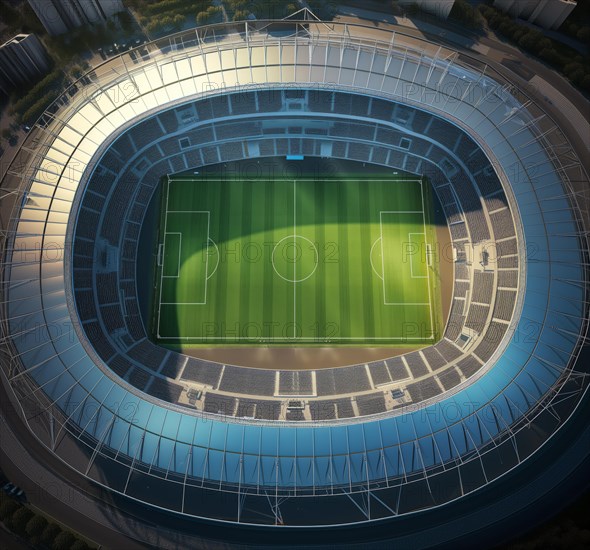 Aerial bird eye top view of a soccer football field stadium in night, AI generated