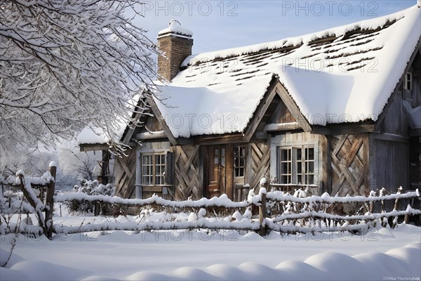 Rustic vineyard cottage in a winter vineyard landscape with snow, AI generated