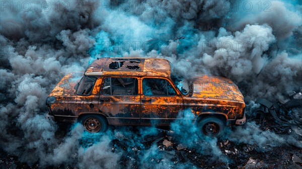 Burned-out car in smoldering remains amidst eerie blue smoke, AI generated