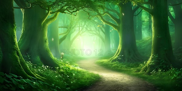 AI generated enchanted forest illustration intertwining trees aglow with magical light
