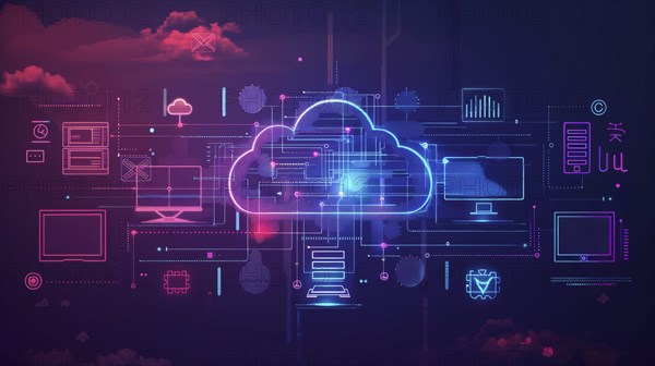 Futuristic digital illustration with neon colors representing cloud computing technology and data