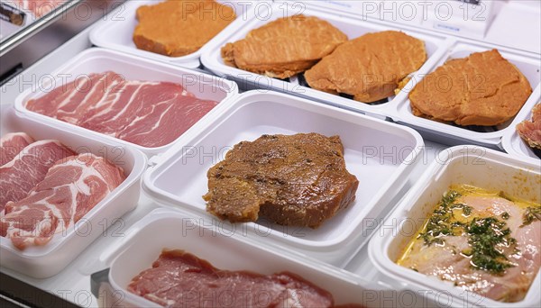 Meat, raw pork, schnitzel and steak, marinated and seasoned, in a display in a butcher's shop, AI