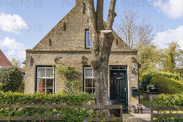 Rustic brick house with tree in the front garden and rural charm, surrounded by green vegetation in