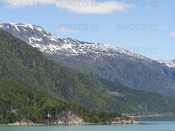 Snowy mountains and green forests next to a calm lake under a blue sky, greenish shimmering water