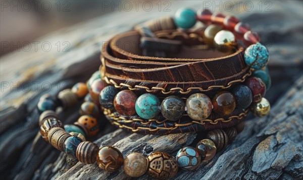 A leather wrap bracelet adorned with natural gemstones and antique beads AI generated