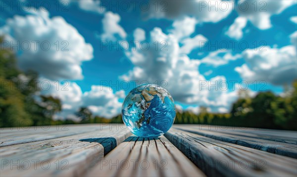 An Earth globe placed on a wooden picnic table with a bright blue sky and fluffy white clouds AI