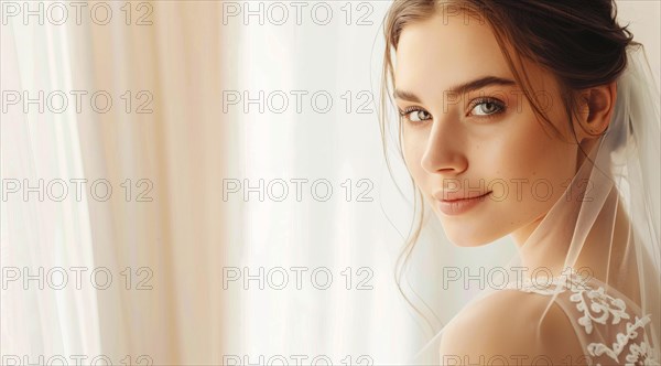 Happy bride smiling before the wedding. Portrait of a beautiful bride, AI generated