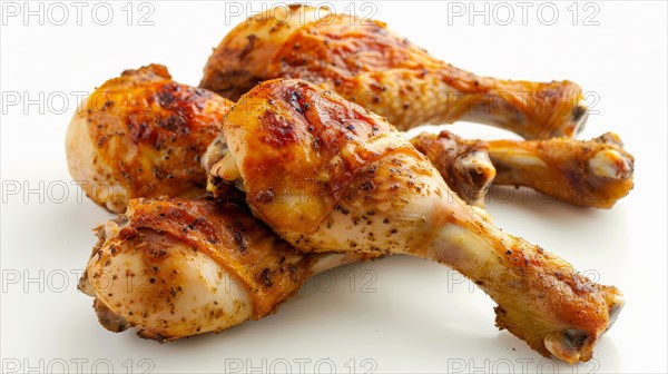 FourThree roasted chicken drumsticks on a white background, AI generated