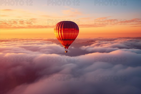 Colorful hot air balloon floats over a sea of clouds at sunset at sunset with orange and blue skies