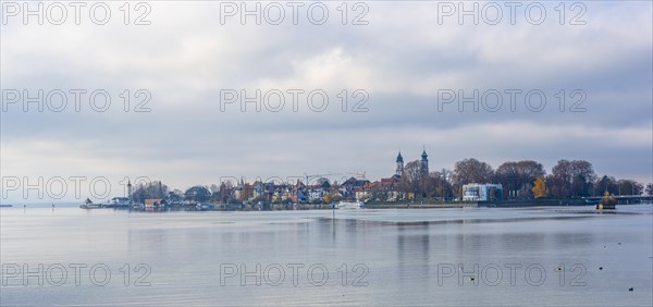 View over the lake to the village of Lindau Island with church towers, Lindau, Lake Constance,