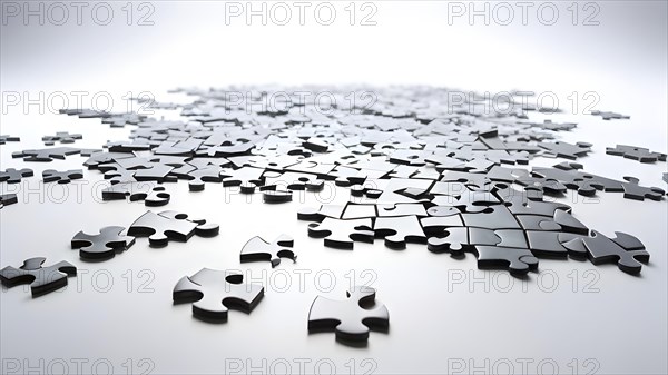 Illustration of scattered puzzle pieces sprawled across as a wallpaper background, AI generated