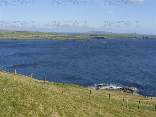 Grassland sloping gently to the deep blue sea under a clear sky, green meadows by a deep blue sea