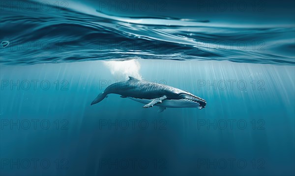 An underwater view of a blue whale AI generated