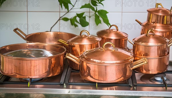 Metal, copper, copper crockery in the kitchen, copper pots, cooking pot