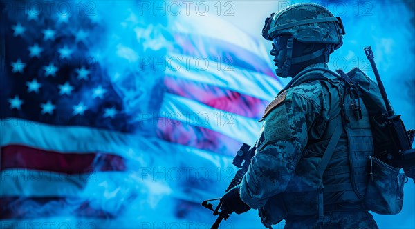 American patriot soldier stand in front of the flag. Concept of fighting for freedom and democracy,