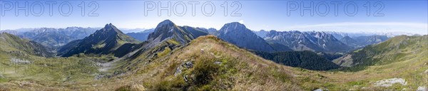 Panorama, view from the Carnic main ridge with rocky mountain peaks, view of the mountain peaks of