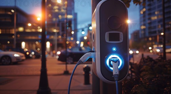Electric car charging the battery from the electric charger, AI generated