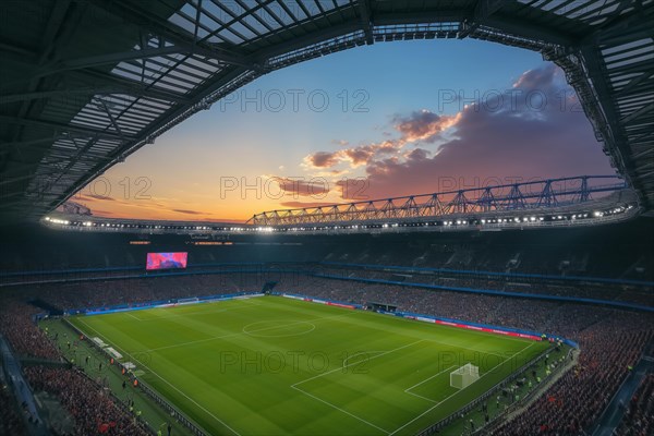 A soccer field with a large crowd of people spectators fans watching the game on sunset. The