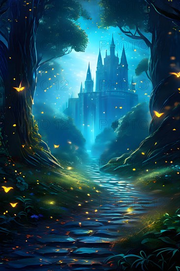 AI generated enchanted forest illustration intertwining trees aglow with magical light