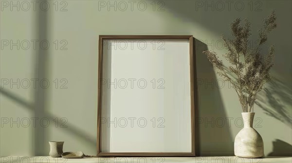 Empty frame, pottery, and vase with dry plant on a light surface against a green wall, AI generated