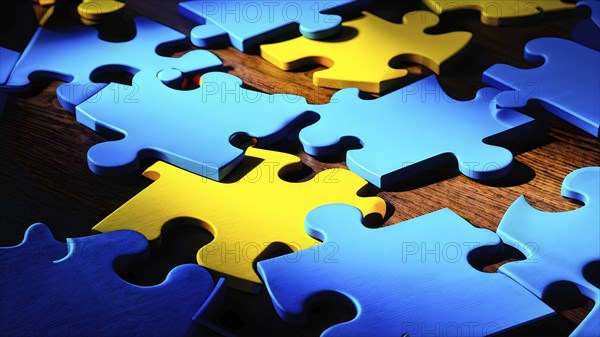 Illustration of scattered blue and yellow puzzle pieces sprawled across as a wallpaper background,
