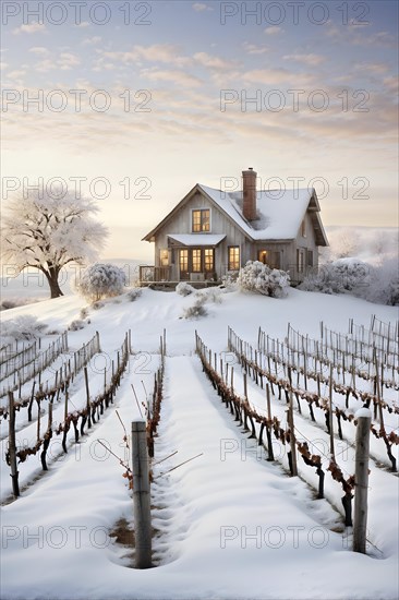 Rustic vineyard cottage in a winter vineyard landscape with snow, AI generated