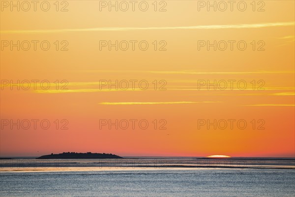 Picturesque, golden, breathtakingly beautiful sunset over the sea, last moments in front of the sun