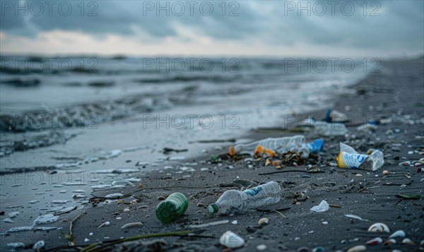 Beach littered with plastic bottles and garbage, ecological problems AI generated