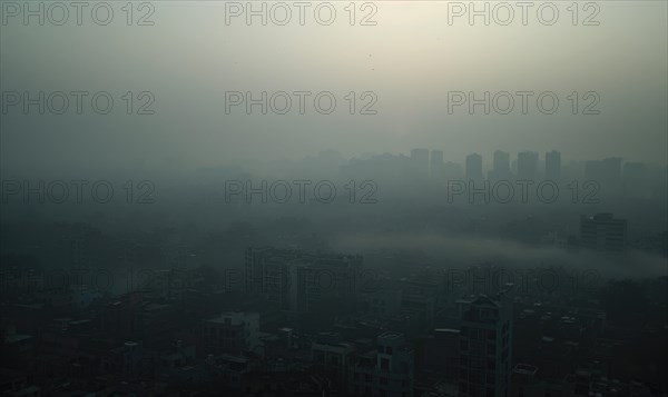 Urban landscape shrouded in smog with tall buildings barely visible AI generated