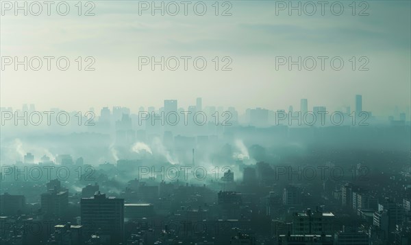 A city skyline obscured by thick smog, Industrial AI generated