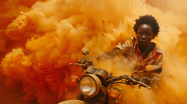 Person in gold suit speeding away on motorcycle with a massive explosion behind them, AI generated