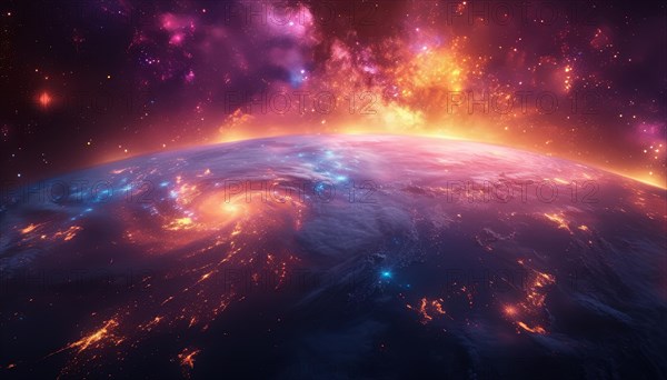Vibrant galactic view featuring planet Earth amidst a colorful space scene with stars and nebulae,