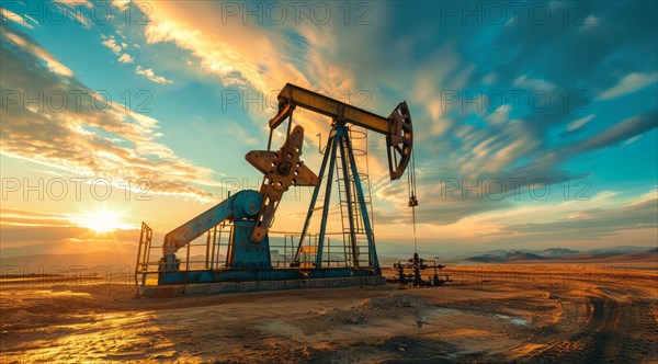 Large oil rig is in the desert. Concept of oil exploration, earth exploitation and corporate greed,
