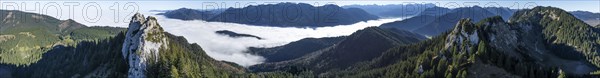 Aerial view, rocky summit of the Ettaler Manndl, view over mountain landscape and sea of clouds,