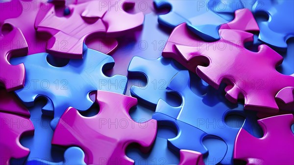 Illustration of scattered blue and magenta puzzle pieces sprawled across as a wallpaper background,