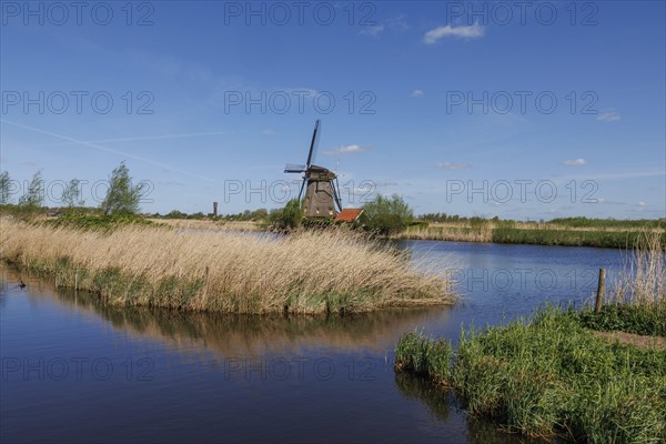 A windmill stands on the riverbank, surrounded by reeds and nature under a clear sky, many historic