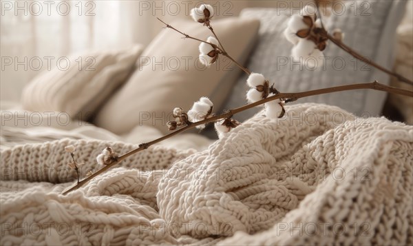Cotton branch and soft cotton fabric in a soothing neutral tone AI generated