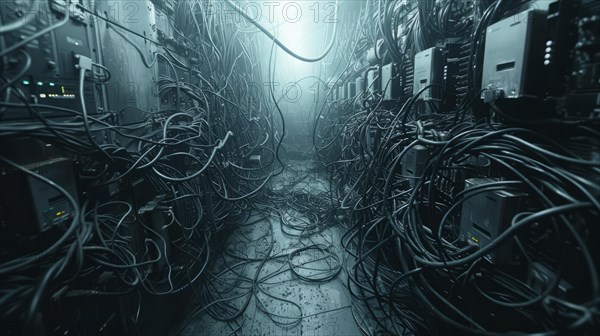 Chaotic tangle of cables and equipment in a cool blue-toned server room, AI Generated, AI generated