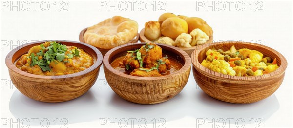 Vibrant colored Indian curries and lentils served in matching wooden bowls, showcasing gourmet food
