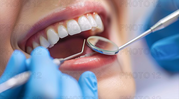 Woman with open mouth has teeth examined during checkup and fixed by a dentist in dental clinique,