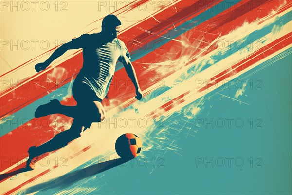A soccer player dribbles and kicks a soccer ball. Abstract vintage grungy poster style with muted