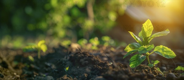 Green, young plants are growing in the soil, AI generated