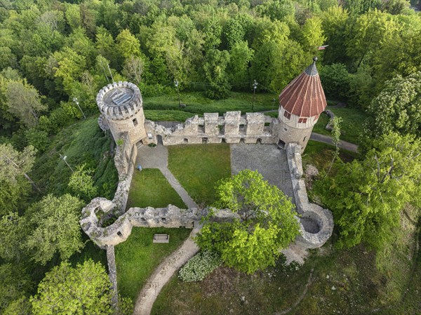 Aerial view of the Honburg castle ruins on the Honberg with the town of Tuttlingen, district of