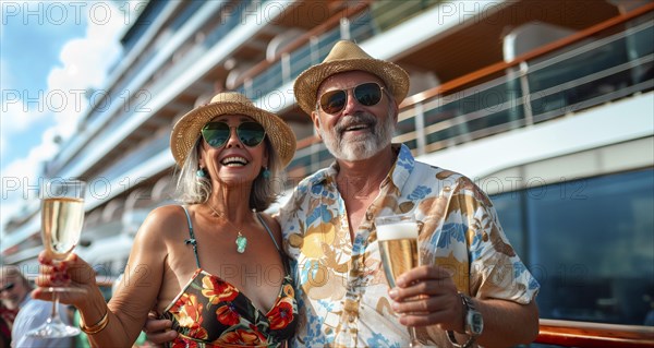Happy senior couple toasting champagne in front of their luxury cruise ship. generative AI, AI