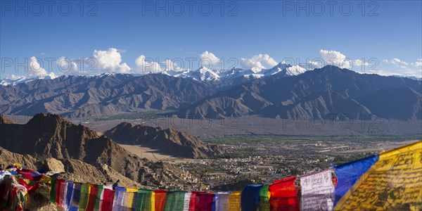Panorama from Tsenmo Hill over Leh and the Indus Valley to Hemis National Park with Stok Kangri,